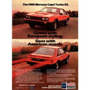 1980 Mercury Capri Turbo RS Hatchback Vintage Print Ad 80s Muscle Car Wall Art